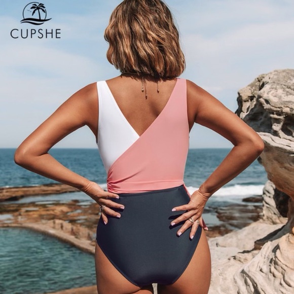 Cupshe Women's Pink & Blue Block One Piece Swimsuit Plunging Knotted Monokini - Picture 6 of 6